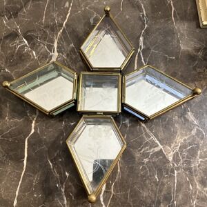 Vintage‎ Set Of 5 Trinket Box, Floral Etched, Glass Bottom Brass Hinged